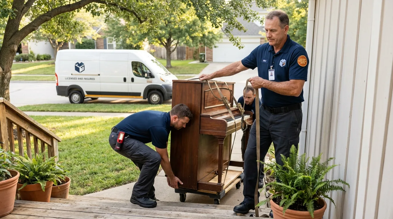 Licensed piano movers securing grand piano in Farmville, NC