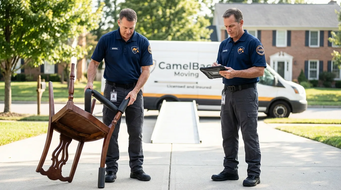 Movers inspecting furniture for damage prevention before loading in Farmville, NC