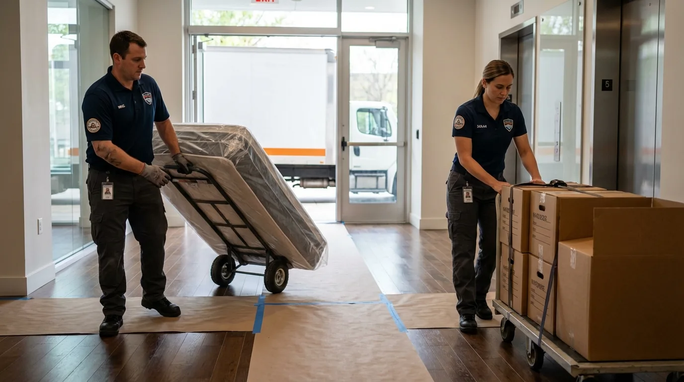 Professional apartment movers loading elevator in Farmville, NC