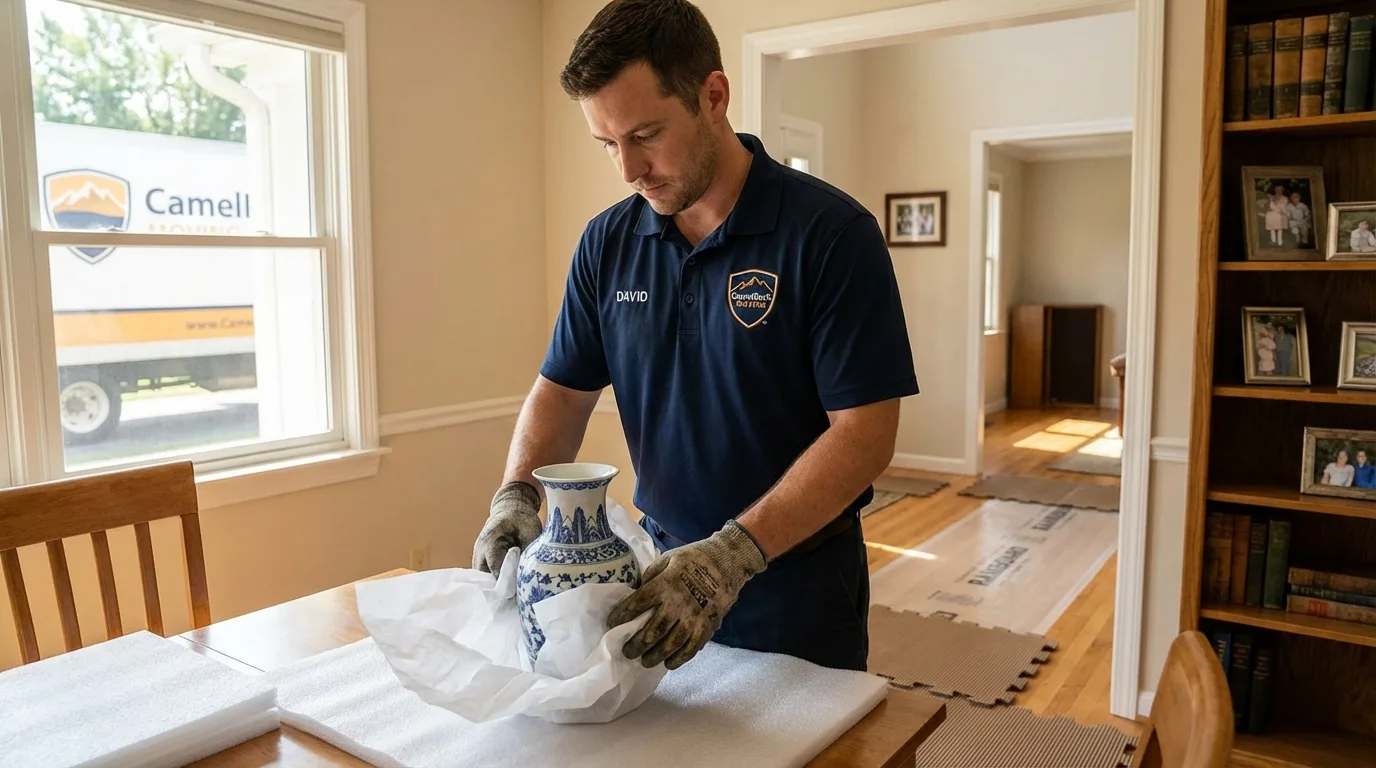 Professional crew carefully wrapping antique vase for senior downsizing move in Farmville, NC