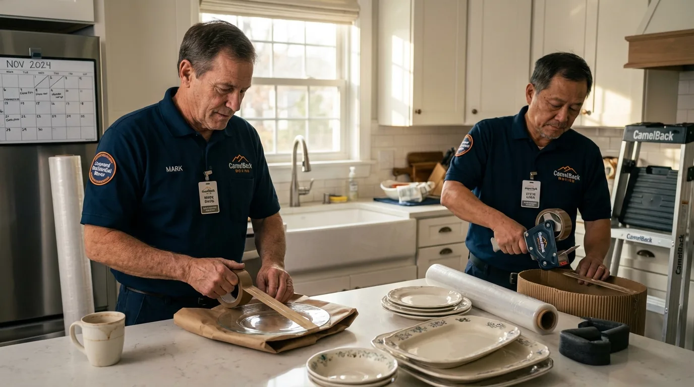 Professional crew packing kitchen dishware in Farmville, NC